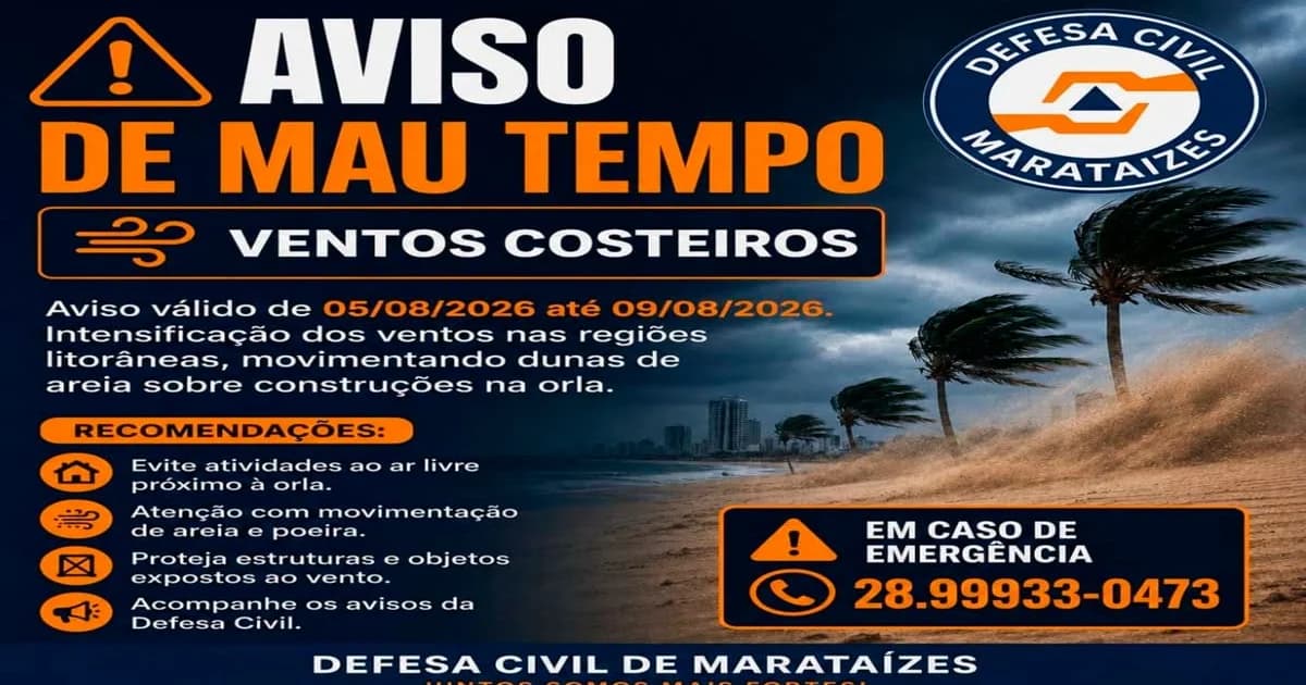 Marataízes Emite Alerta para Vendavais Contínuos
