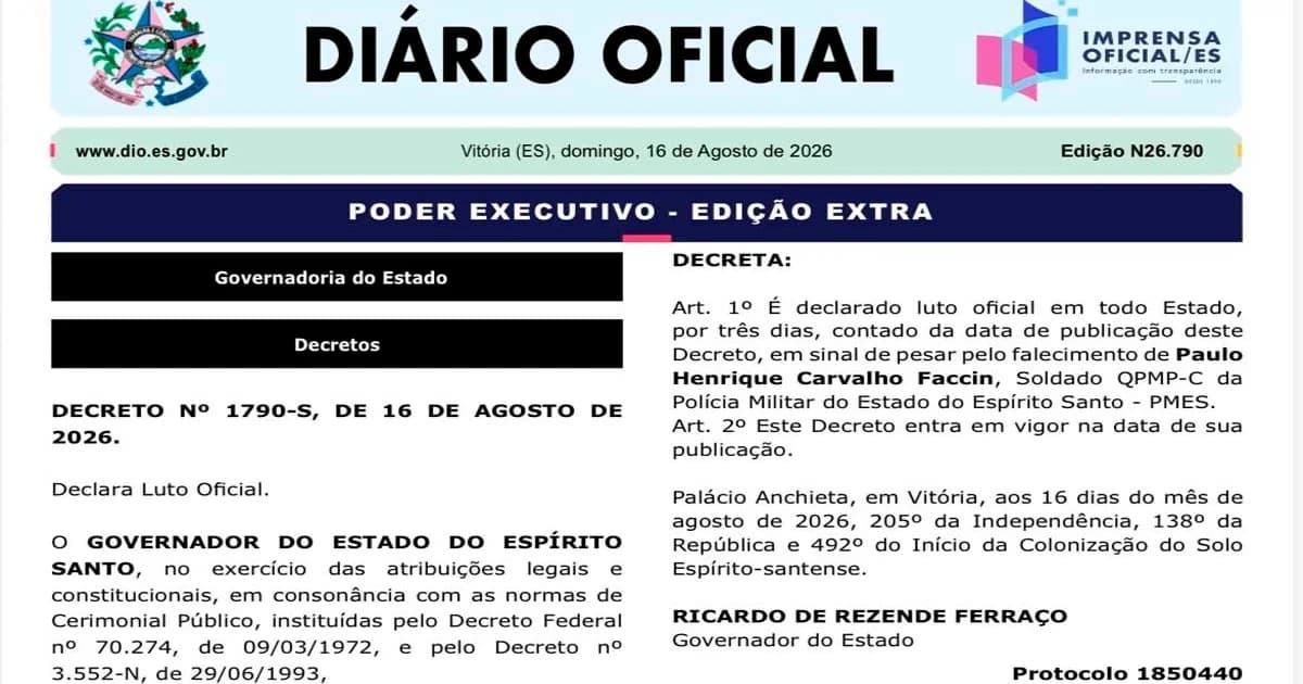 Luto Oficial no ES por Morte de Soldado da PM