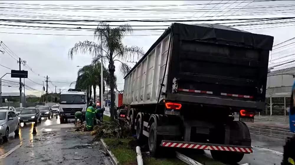 Carreta Detona Canteiro e Postes em Vitória